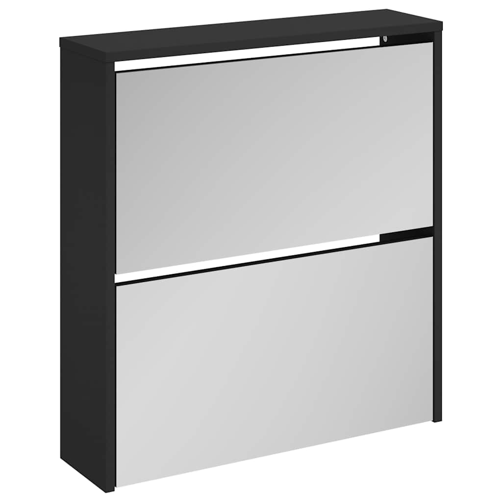 Schuhschrank mit Spiegel 2 Fächer Schwarz 63x17x67 cm
