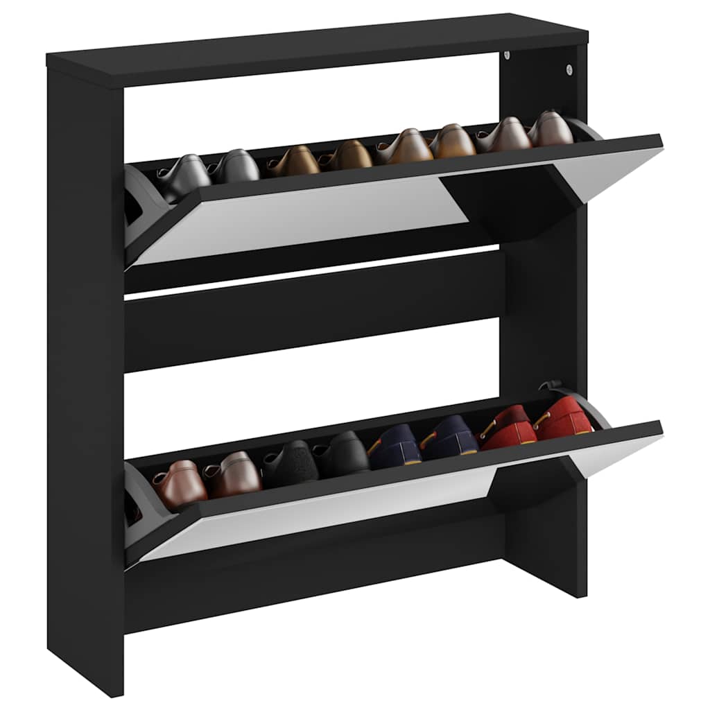 Schuhschrank mit Spiegel 2 Fächer Schwarz 63x17x67 cm