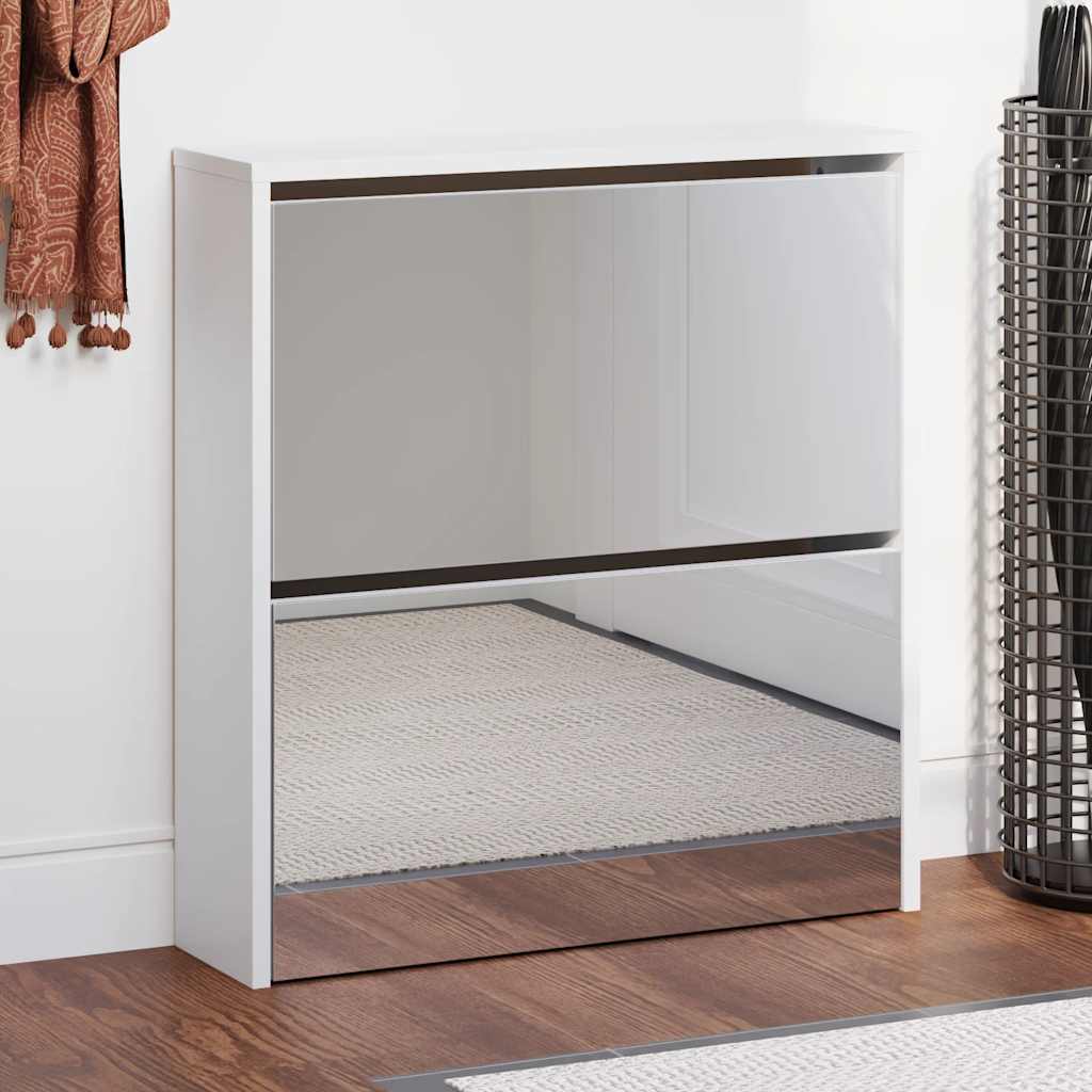 Schuhschrank mit Spiegel 2 Fächer Hochglanz-Weiß 63x17x67 cm