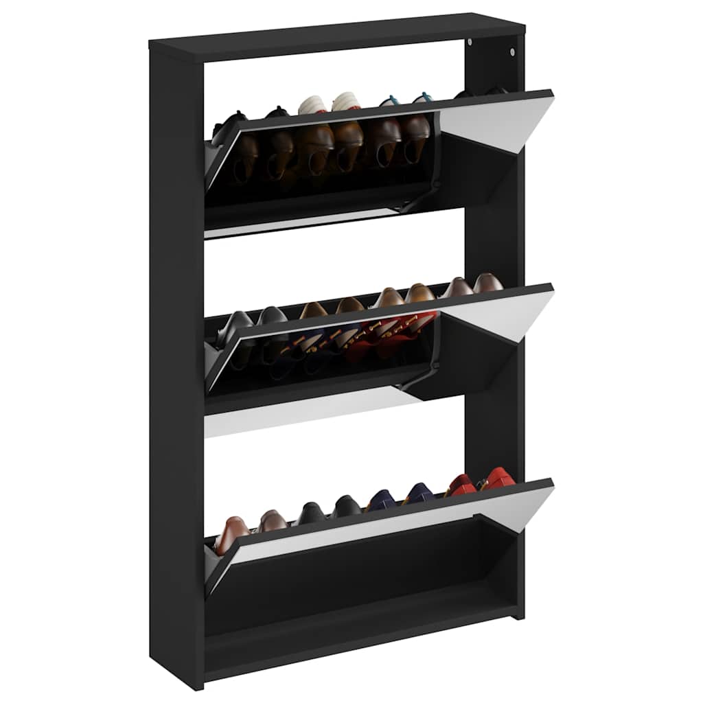 Schuhschrank mit Spiegel 3-lagig Schwarz 63x17x102,5 cm