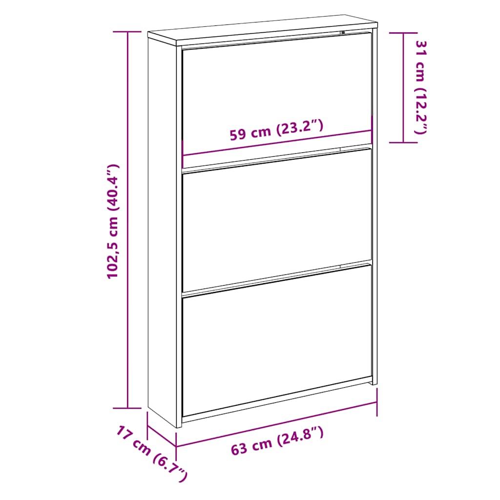 Schuhschrank mit Spiegel 3 Fächer Betongrau 63x17x102,5 cm