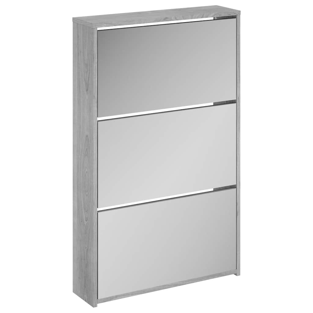 Schuhschrank mit Spiegel 3 Fächer Grau Sonoma 63x17x102,5 cm
