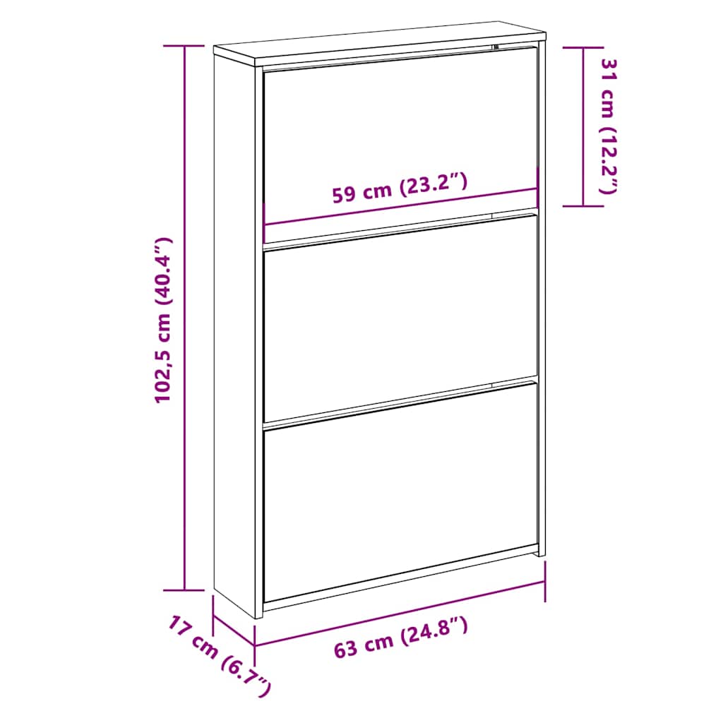Schuhschrank mit Spiegel 3 Fächer Grau Sonoma 63x17x102,5 cm