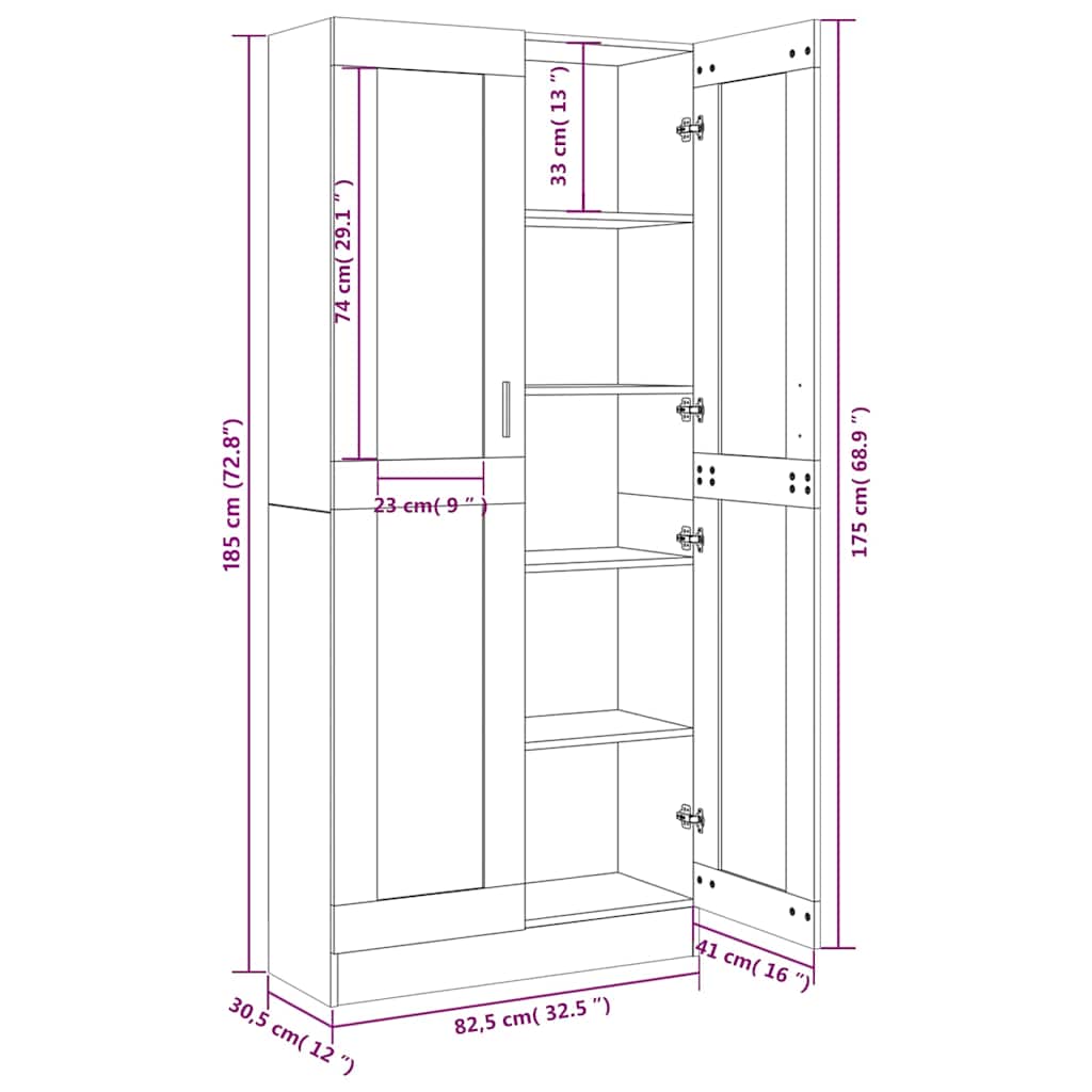 Vitrinenschrank Braun Eichen-Optik 82,5x30,5x185 cm