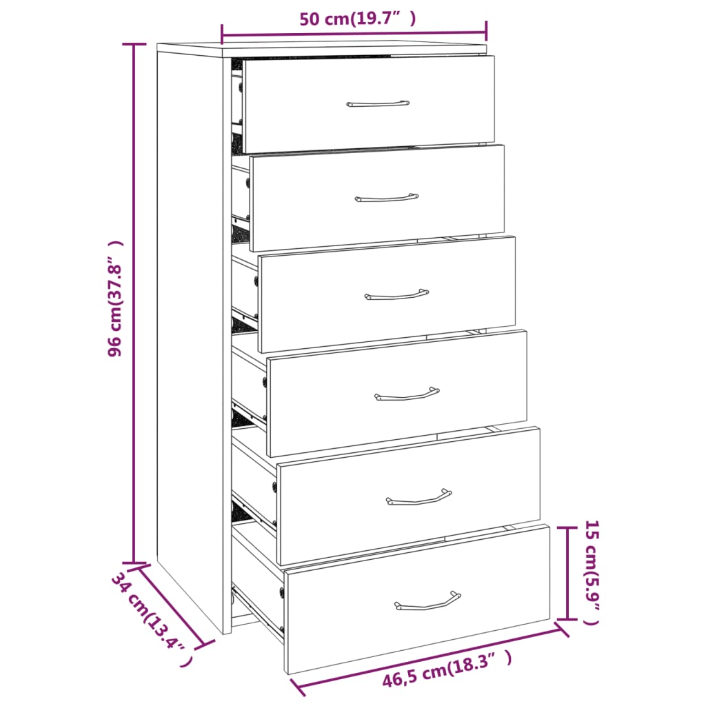 Sideboard mit 6 Schubladen Braun Eichen-Optik 50x34x96 cm