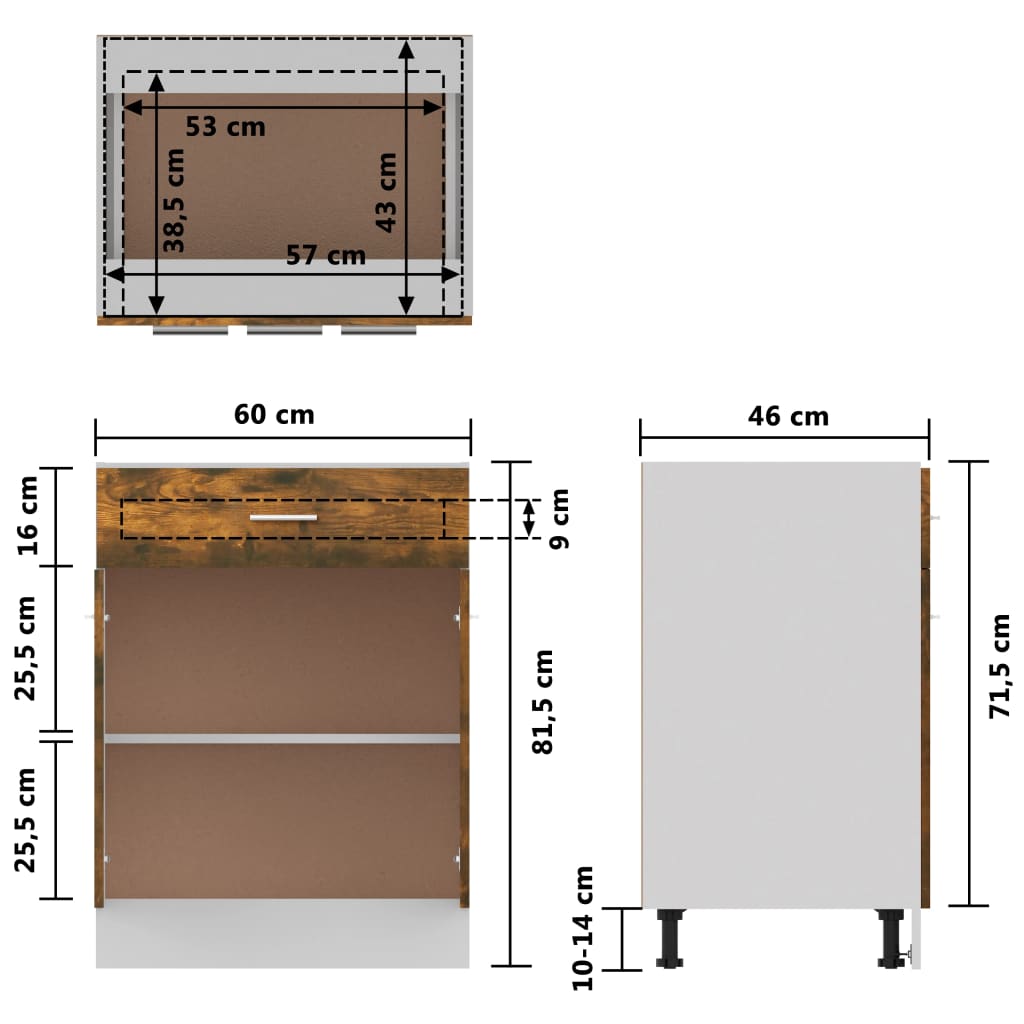 Unterschrank mit Schublade Lyon Räuchereiche 60x46x81,5 cm