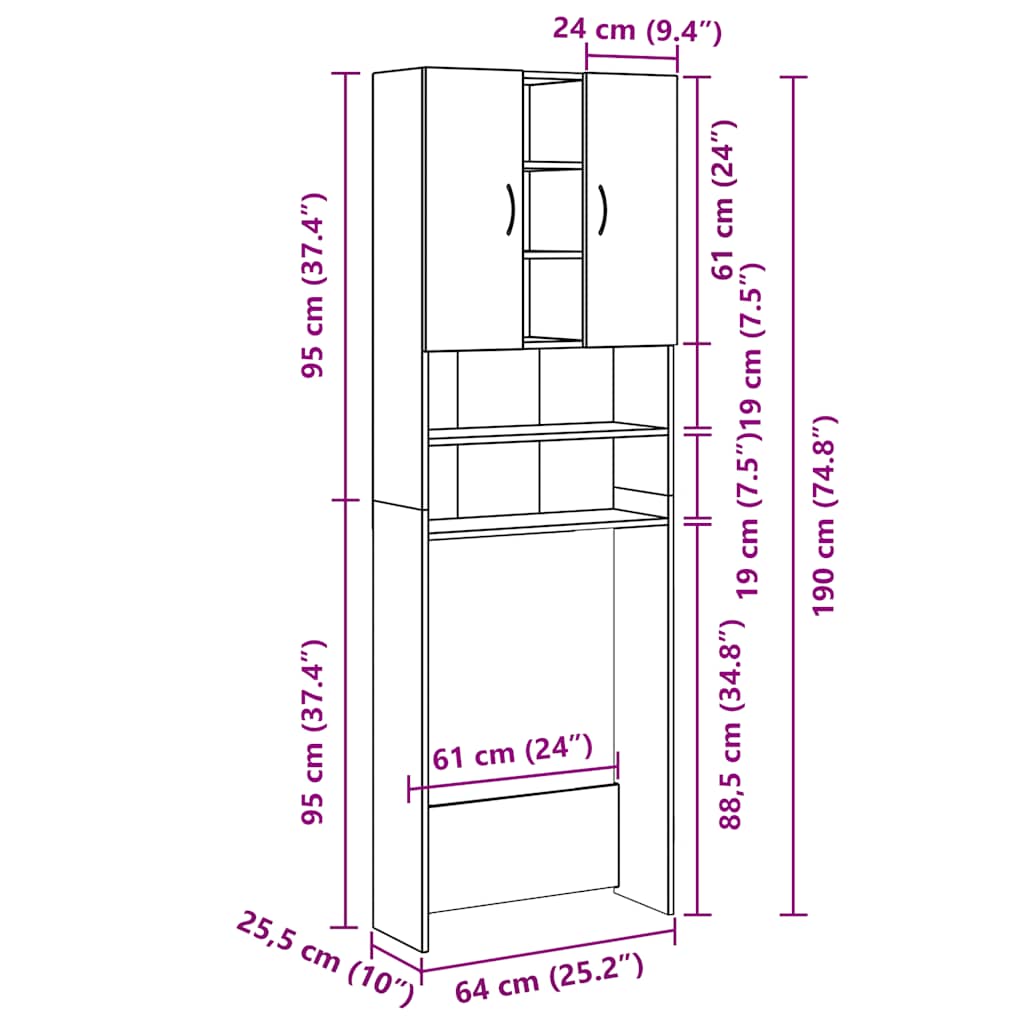 Waschmaschinenschrank Grau Sonoma 64x25,5x190 cm
