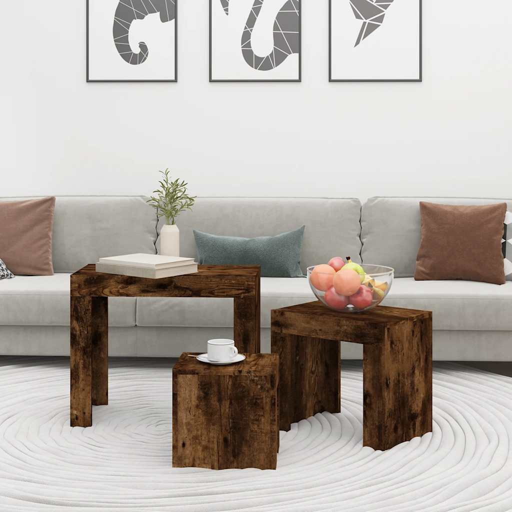 Kaffeetische 3 Stk. Stapelbar Räuchereiche Holzwerkstoff
