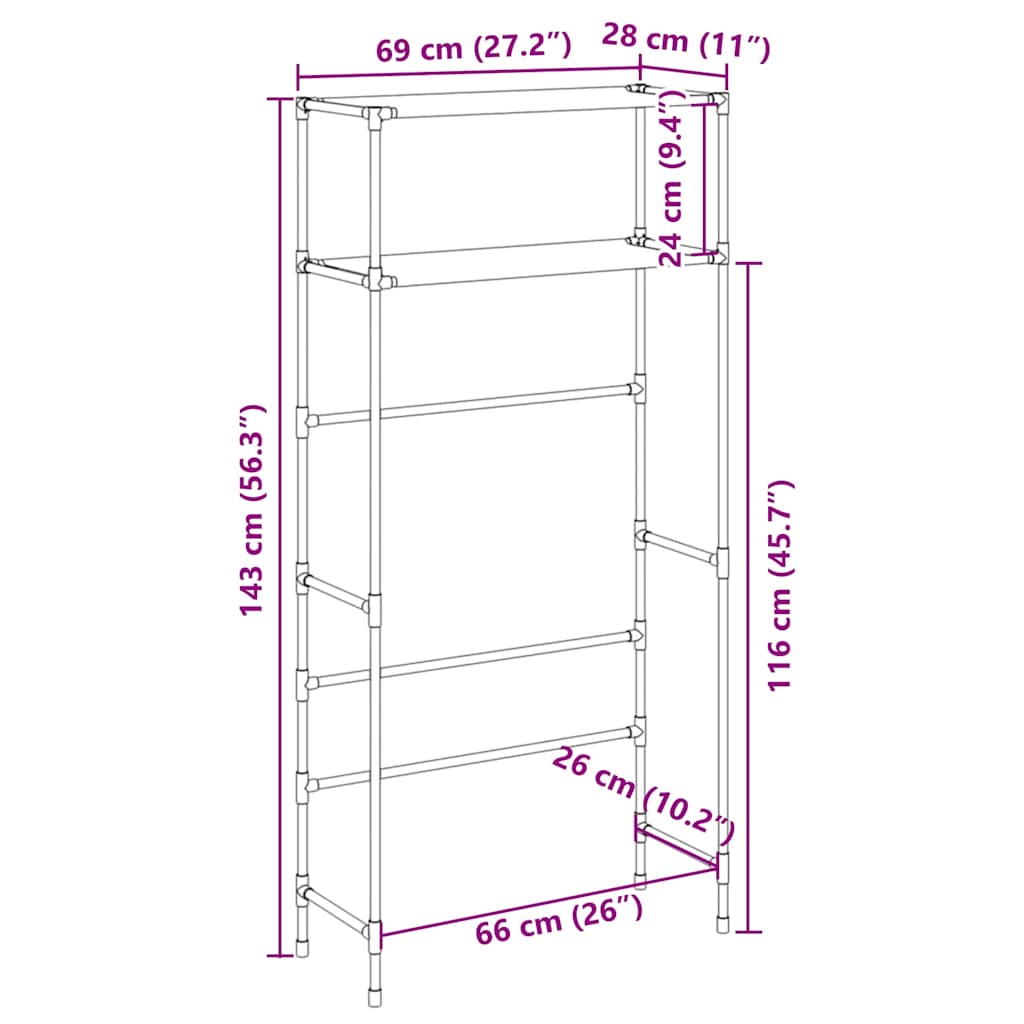 Waschmaschinenregal 2 Ablagen Schwarz 69x28x143 cm Eisen