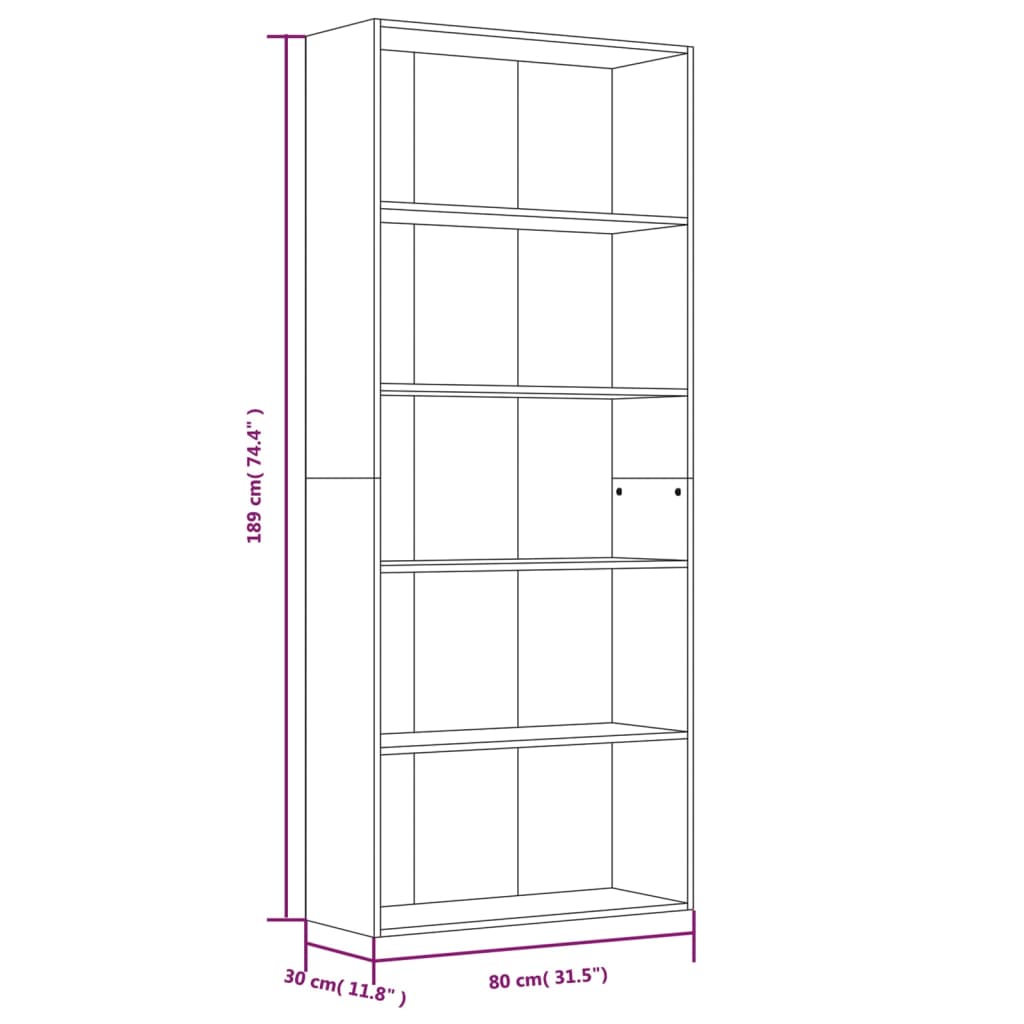 Bücherregal 5 Fächer Braun Eichen-Optik 80x30x189 cm