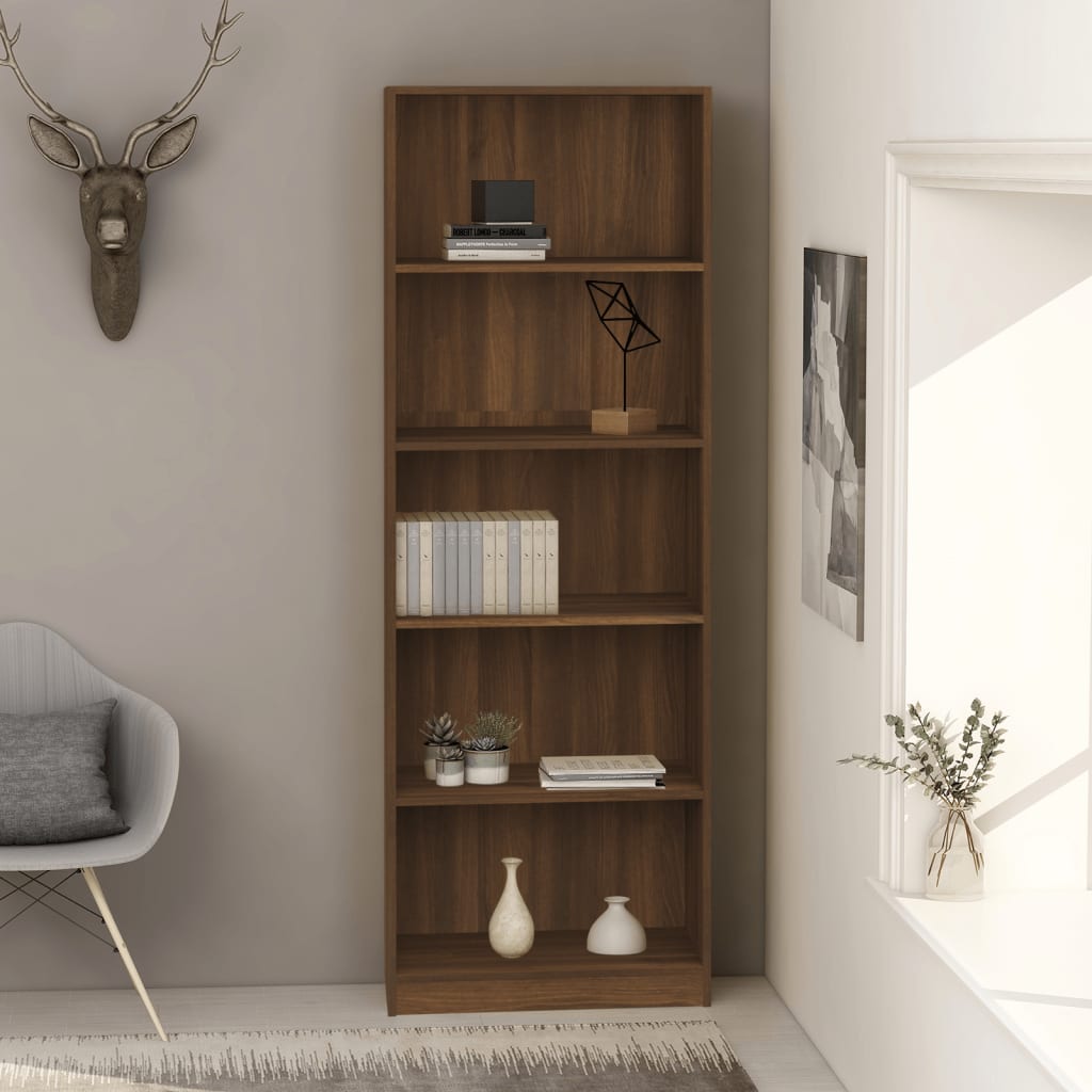 Bücherregal 5 Fächer Braun Eichen-Optik 60x24x175 Holzwerkstoff