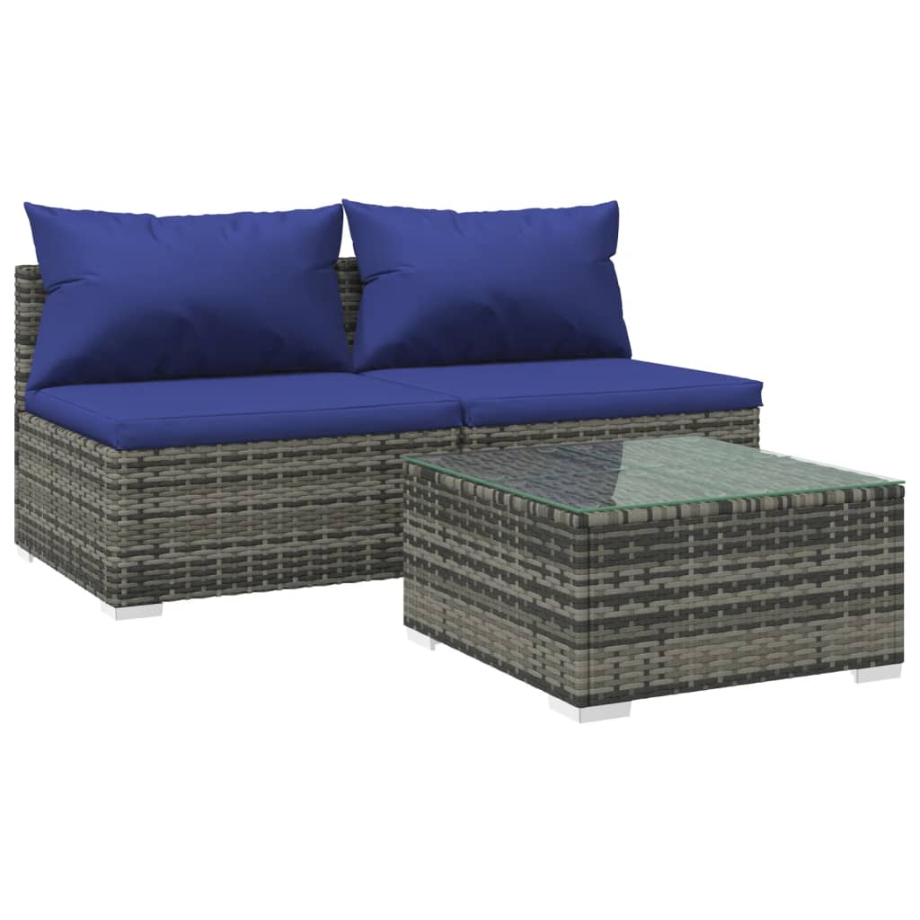 3-tlg. Garten-Lounge-Set mit Kissen Poly Rattan Grau