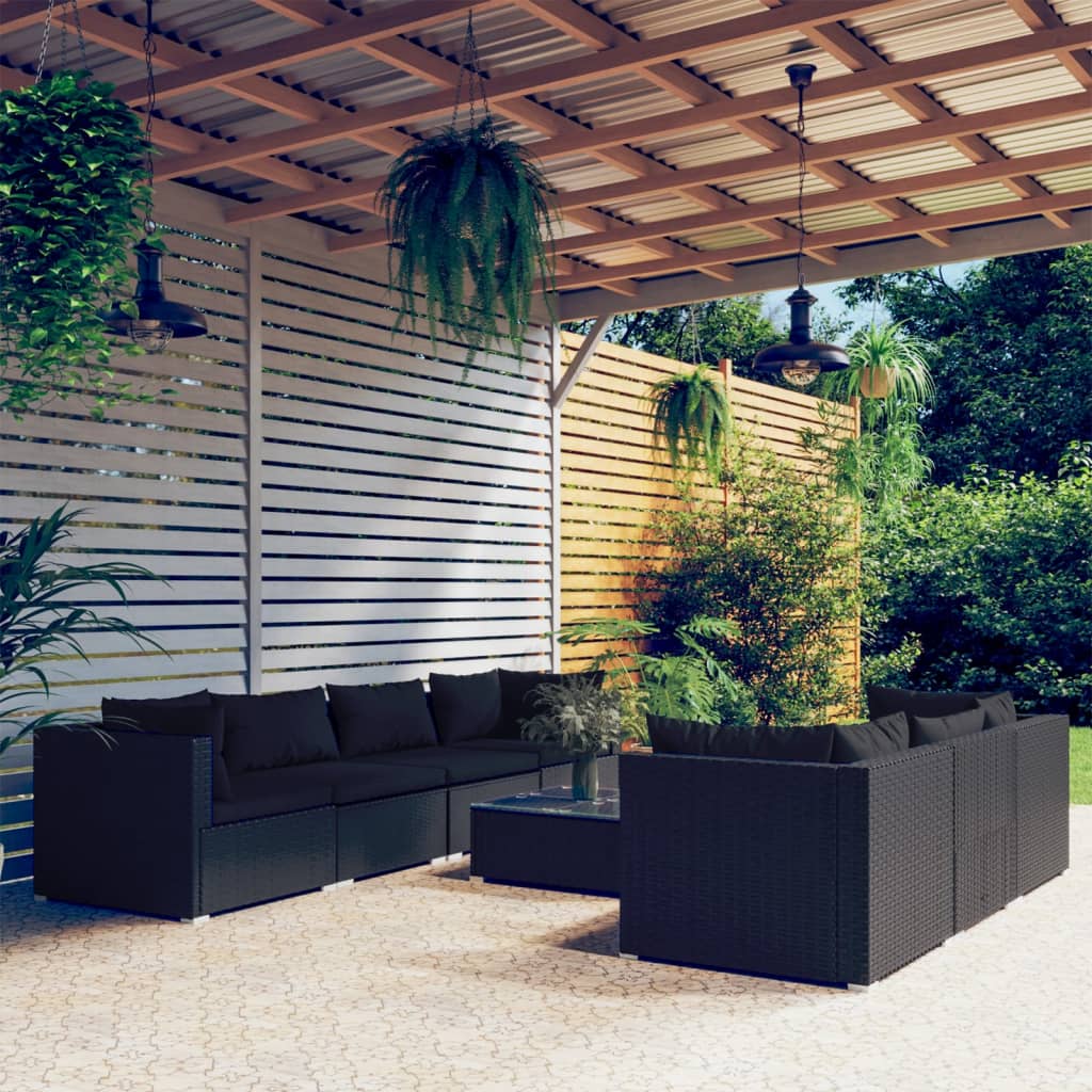8-tlg. Garten-Lounge-Set mit Kissen Poly Rattan Schwarz