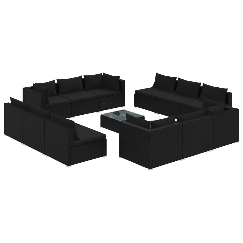 13-tlg. Garten-Lounge-Set mit Kissen Poly Rattan Schwarz