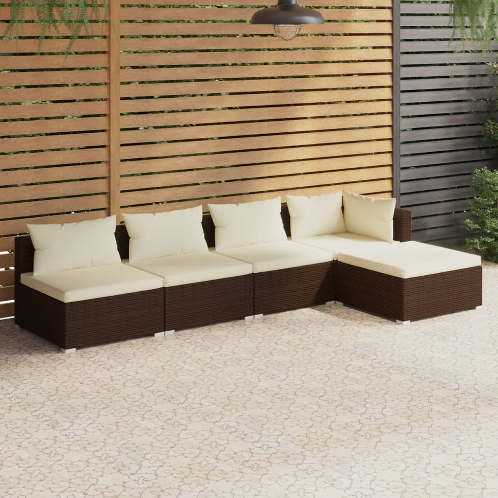 5-tlg. Garten-Lounge-Set mit Kissen Poly Rattan Braun