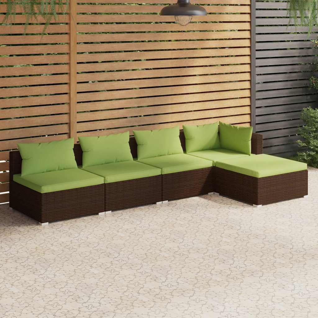 5-tlg. Garten-Lounge-Set mit Kissen Poly Rattan Braun