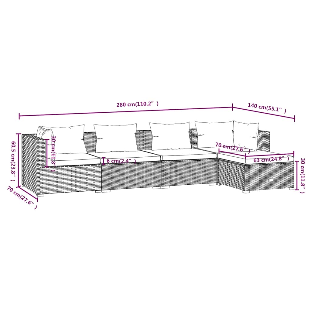 5-tlg. Garten-Lounge-Set mit Kissen Poly Rattan Grau