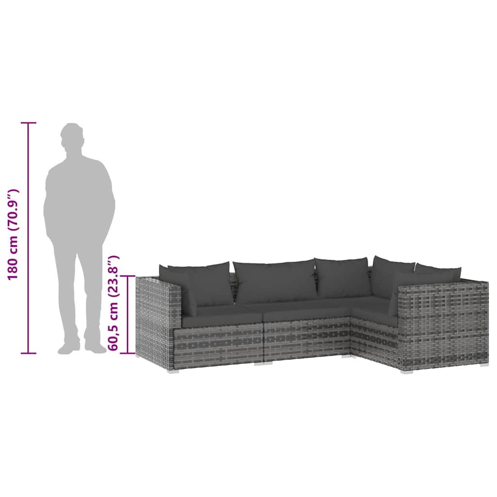 4-tlg. Garten-Lounge-Set mit Kissen Poly Rattan Grau