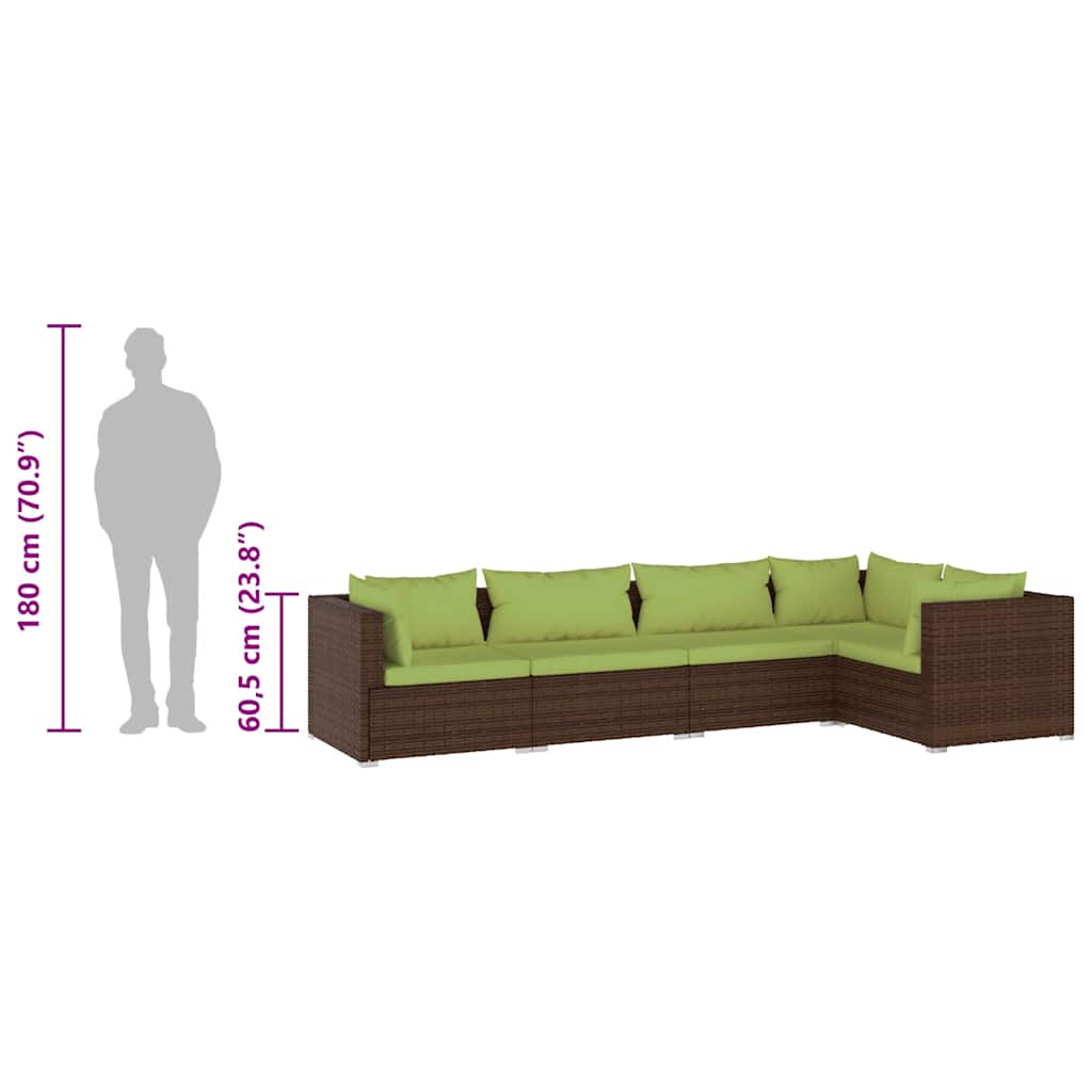 5-tlg. Garten-Lounge-Set mit Kissen Poly Rattan Braun