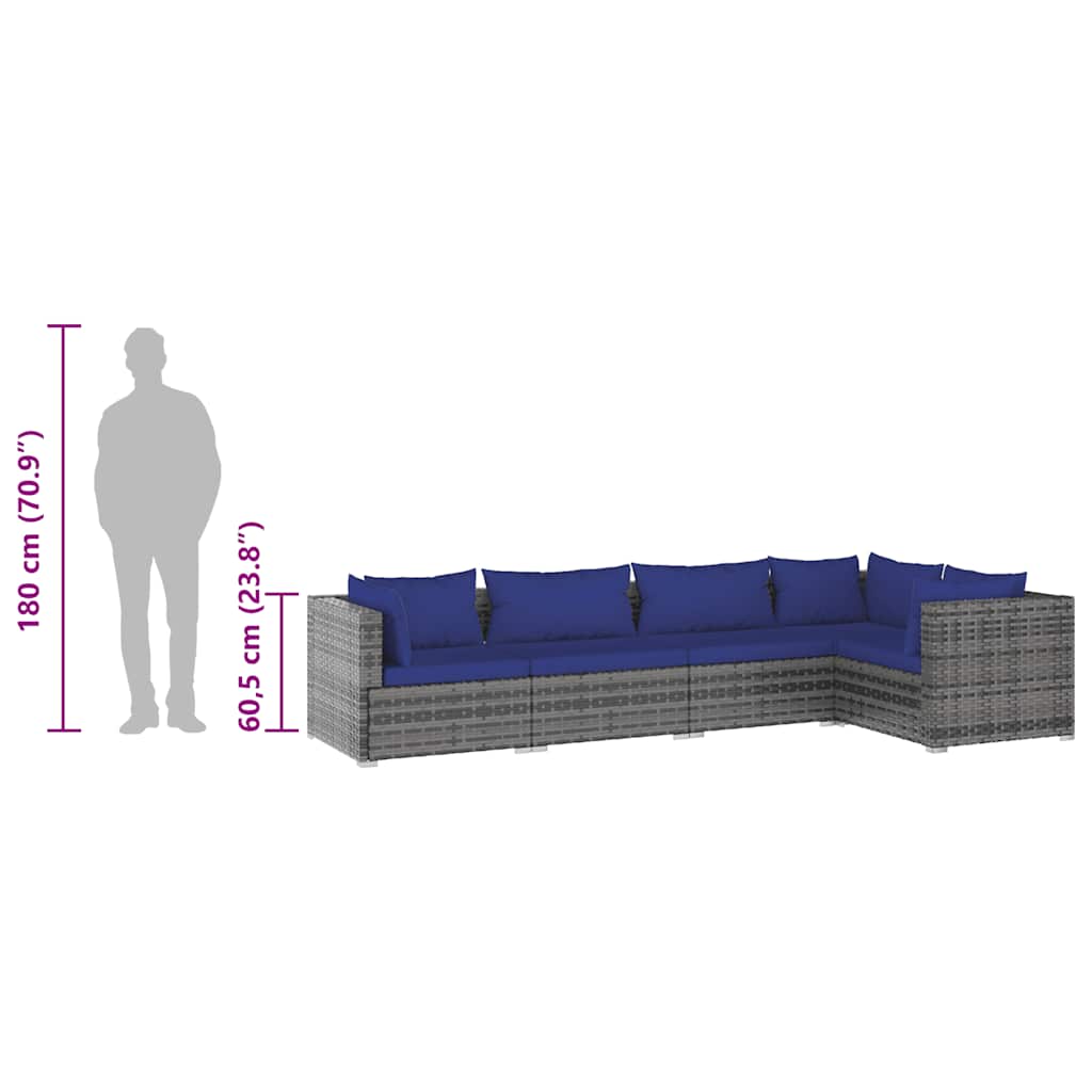 5-tlg. Garten-Lounge-Set mit Kissen Poly Rattan Grau