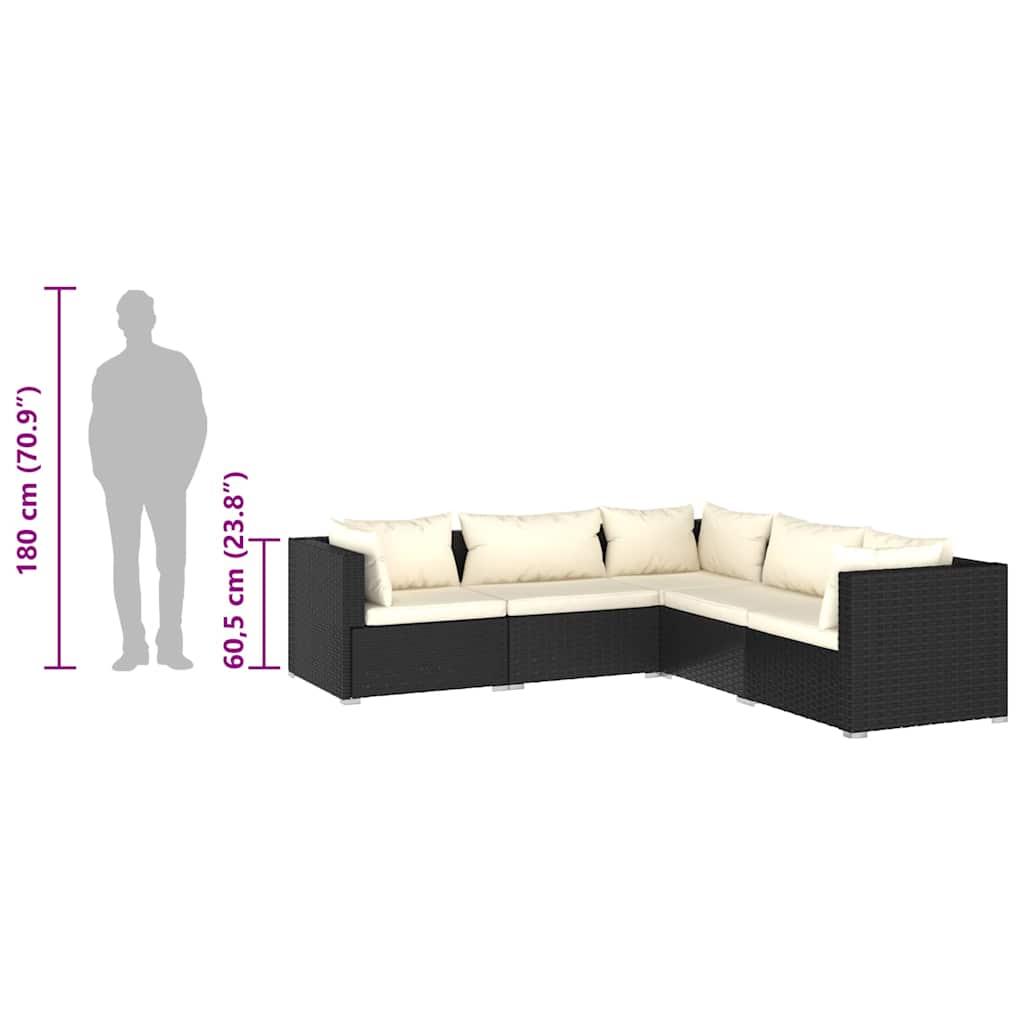 5-tlg. Garten-Lounge-Set mit Kissen Poly Rattan Schwarz