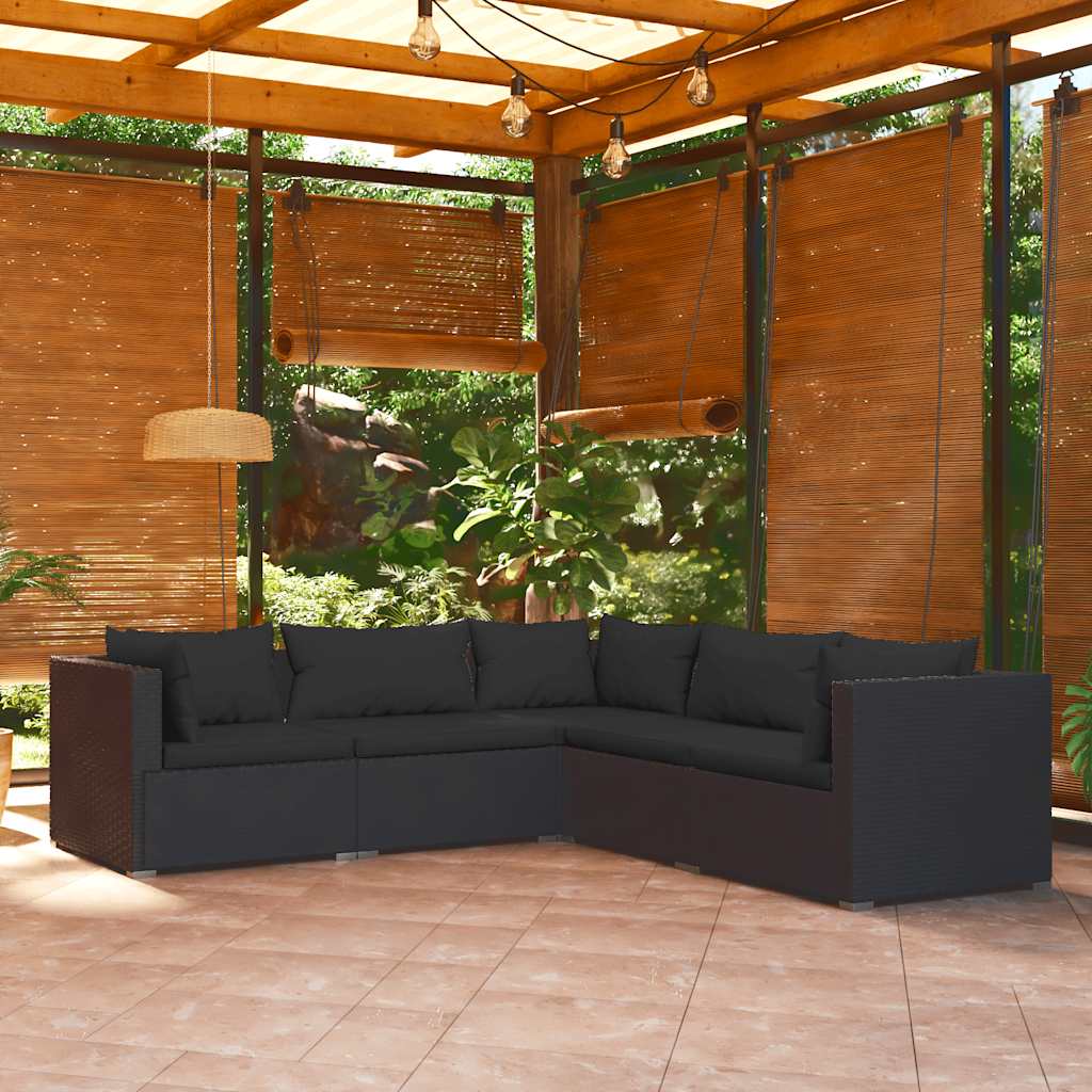 5-tlg. Garten-Lounge-Set mit Kissen Poly Rattan Schwarz