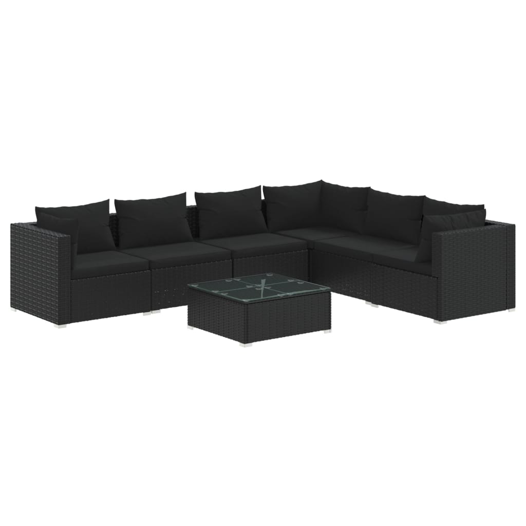 7-tlg. Garten-Lounge-Set mit Kissen Poly Rattan Schwarz