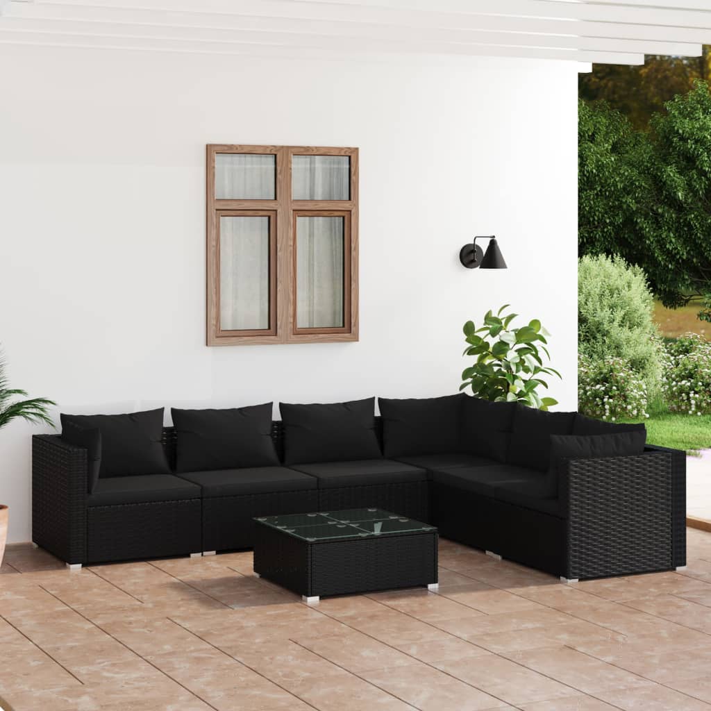 7-tlg. Garten-Lounge-Set mit Kissen Poly Rattan Schwarz
