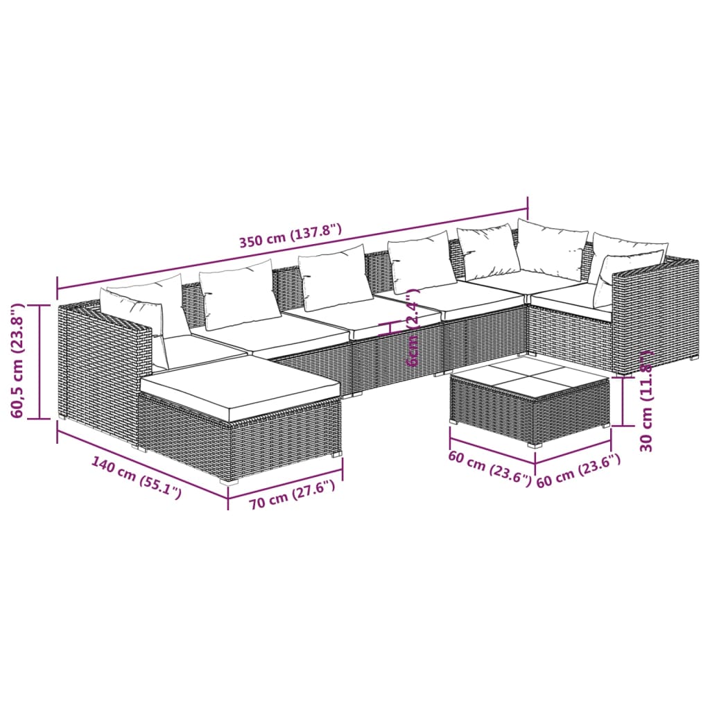 8-tlg. Garten-Lounge-Set mit Kissen Poly Rattan Schwarz