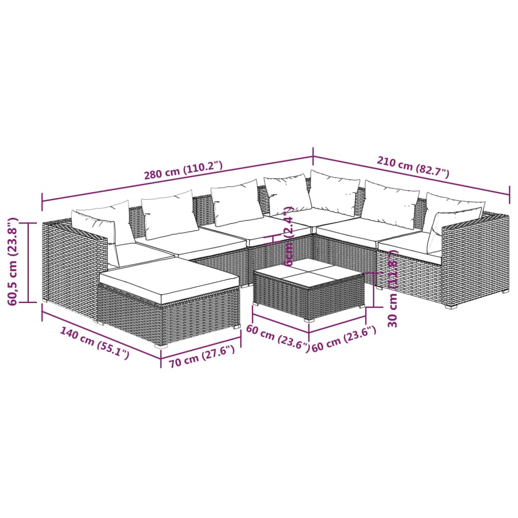8-tlg. Garten-Lounge-Set mit Kissen Poly Rattan Schwarz