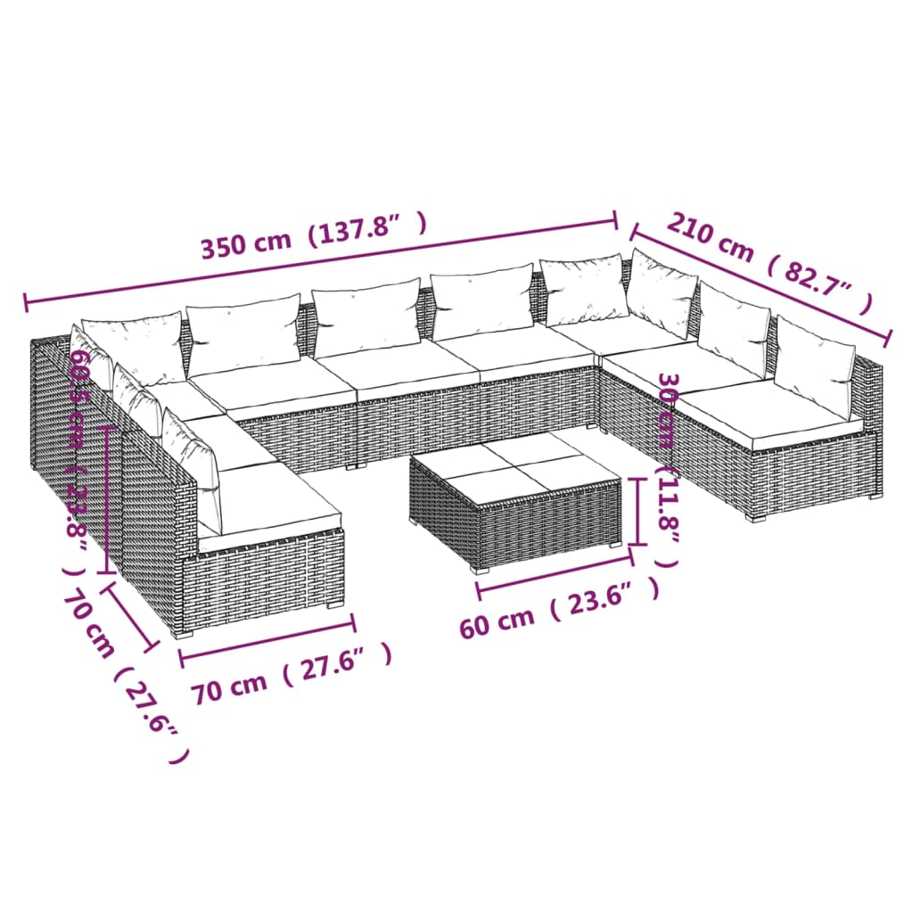 10-tlg. Garten-Lounge-Set mit Kissen Poly Rattan Schwarz