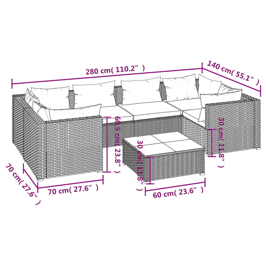 7-tlg. Garten-Lounge-Set mit Kissen Poly Rattan Grau