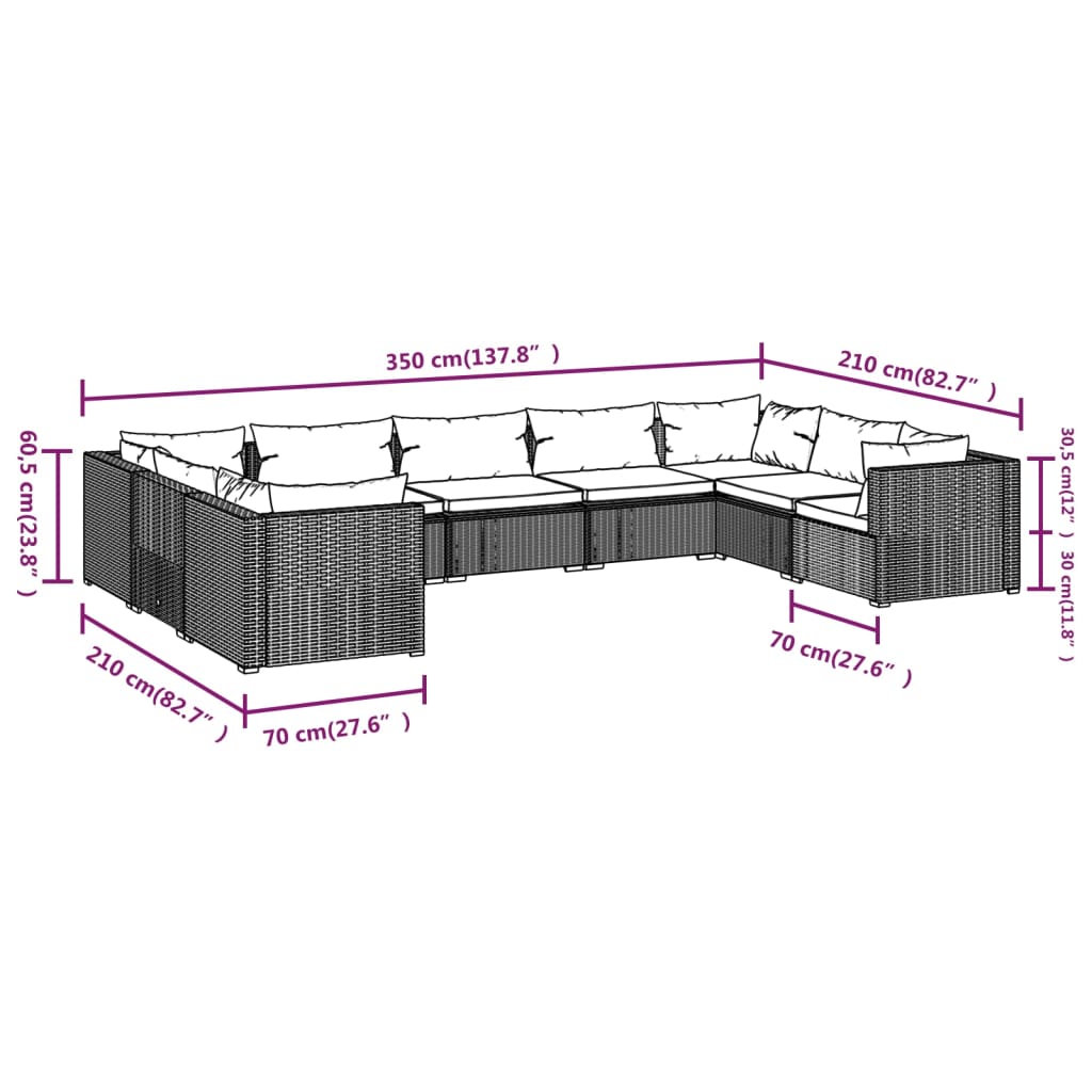 9-tlg. Garten-Lounge-Set mit Kissen Poly Rattan Schwarz