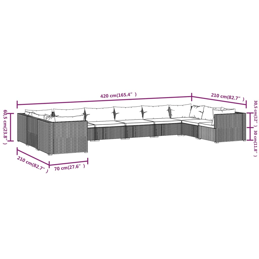 10-tlg. Garten-Lounge-Set mit Kissen Poly Rattan Schwarz
