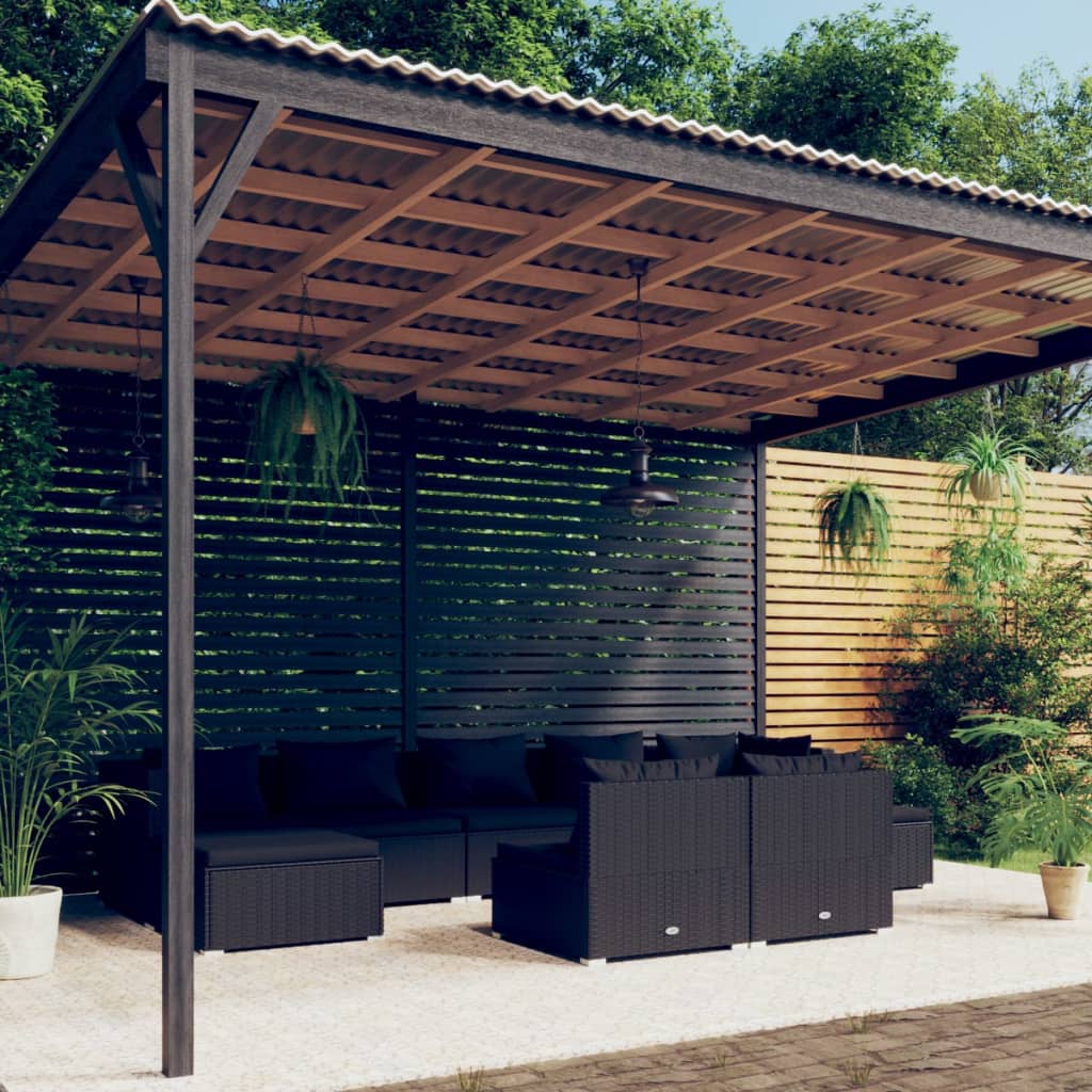 9-tlg. Garten-Lounge-Set mit Kissen Schwarz Poly Rattan