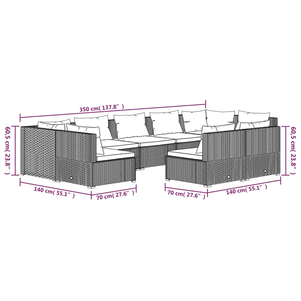 9-tlg. Garten-Lounge-Set mit Kissen Schwarz Poly Rattan