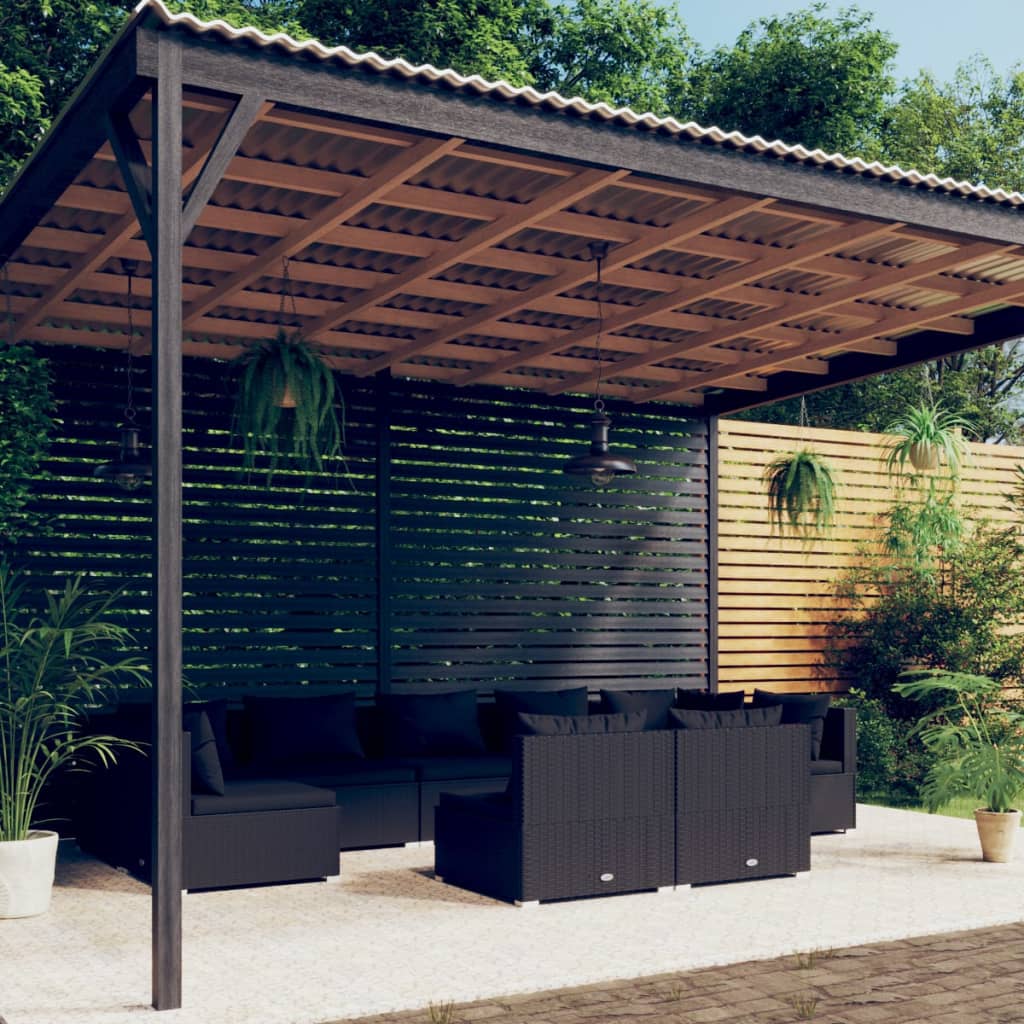 9-tlg. Garten-Lounge-Set mit Kissen Schwarz Poly Rattan