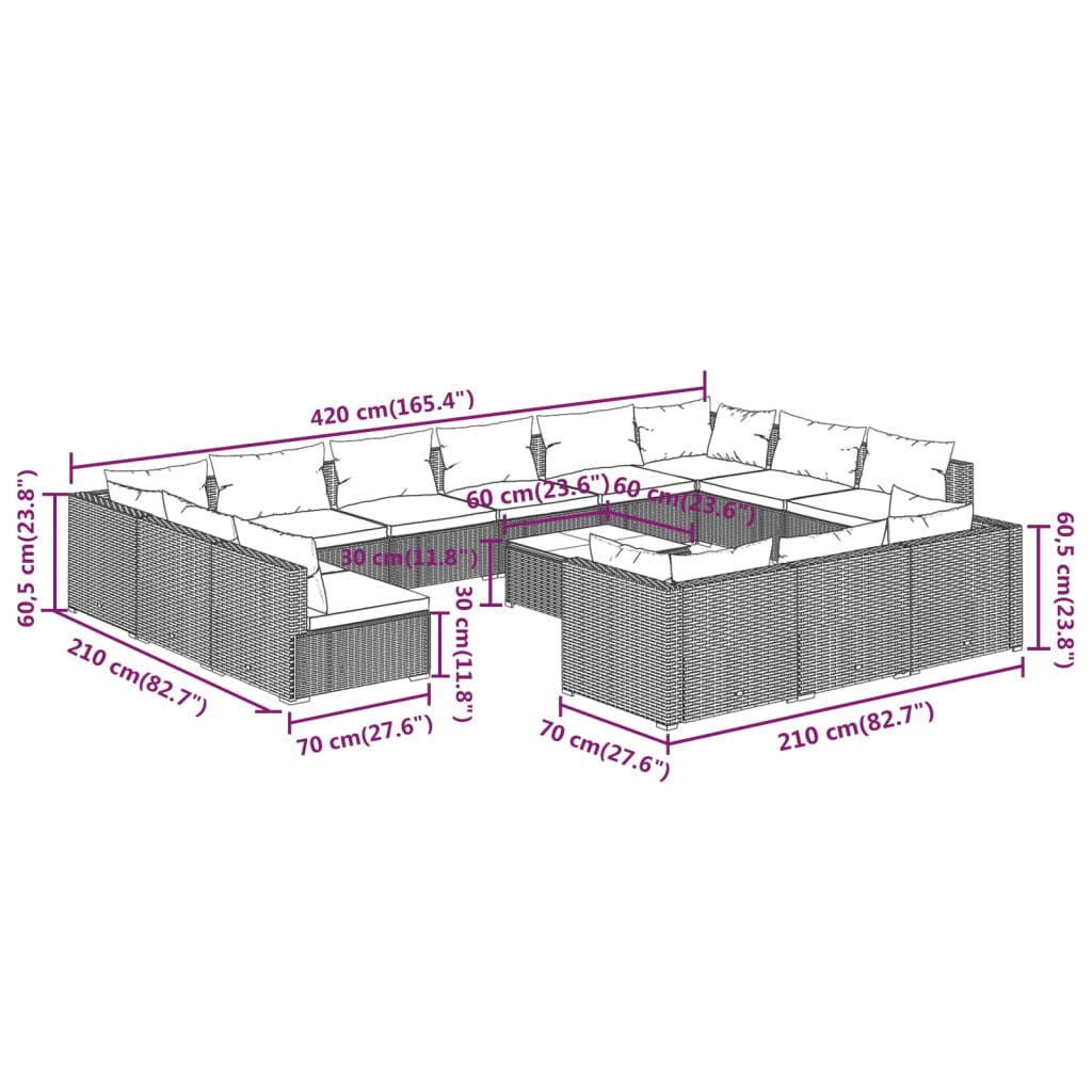 14-tlg. Garten-Lounge-Set mit Kissen Schwarz Poly Rattan