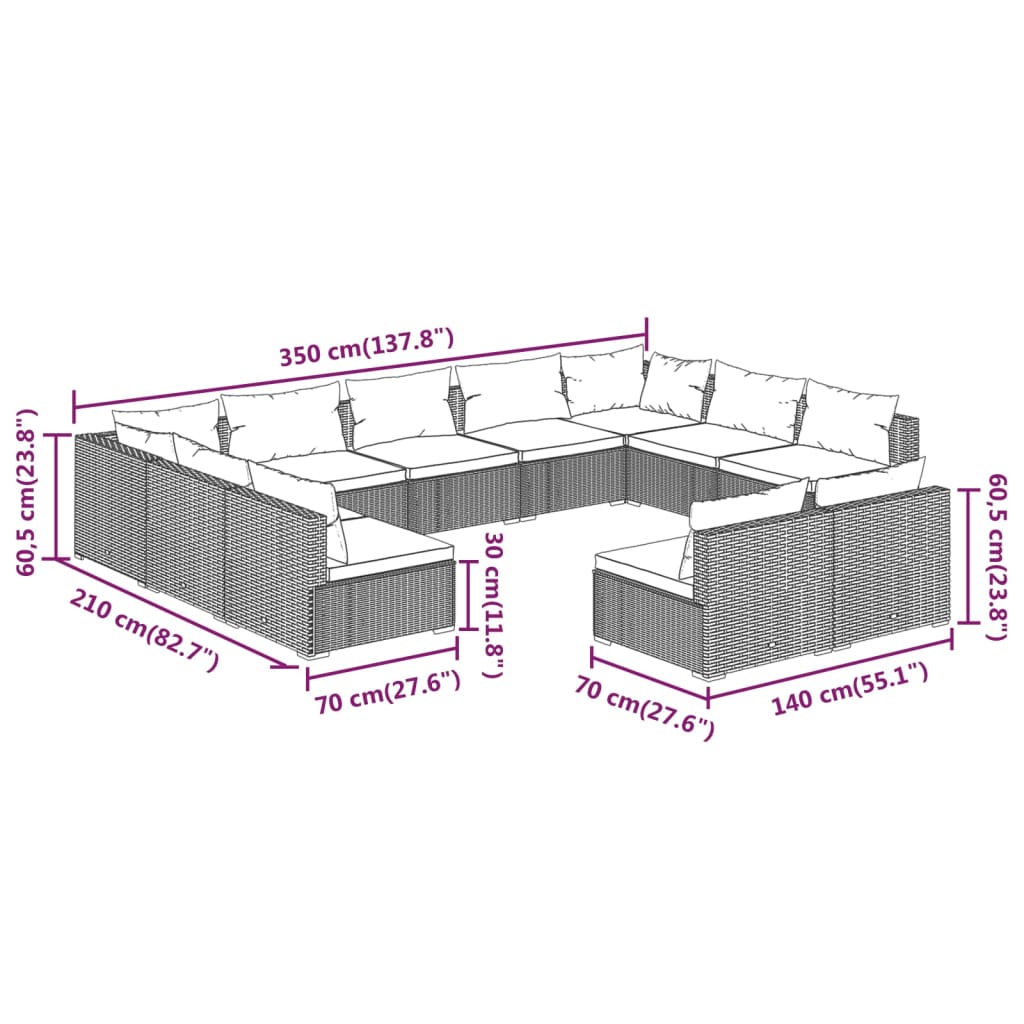 11-tlg. Garten-Lounge-Set mit Kissen Braun Poly Rattan
