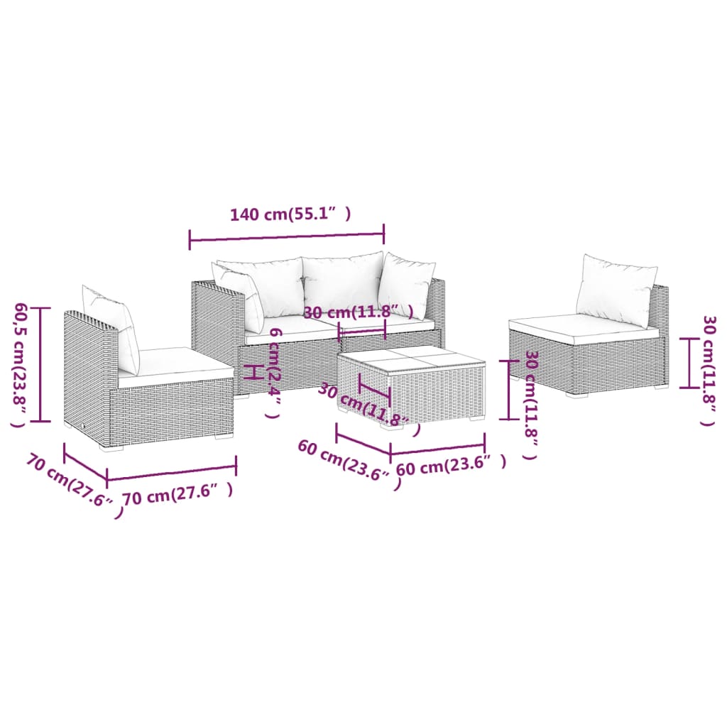 5-tlg. Garten-Lounge-Set mit Kissen Poly Rattan Schwarz