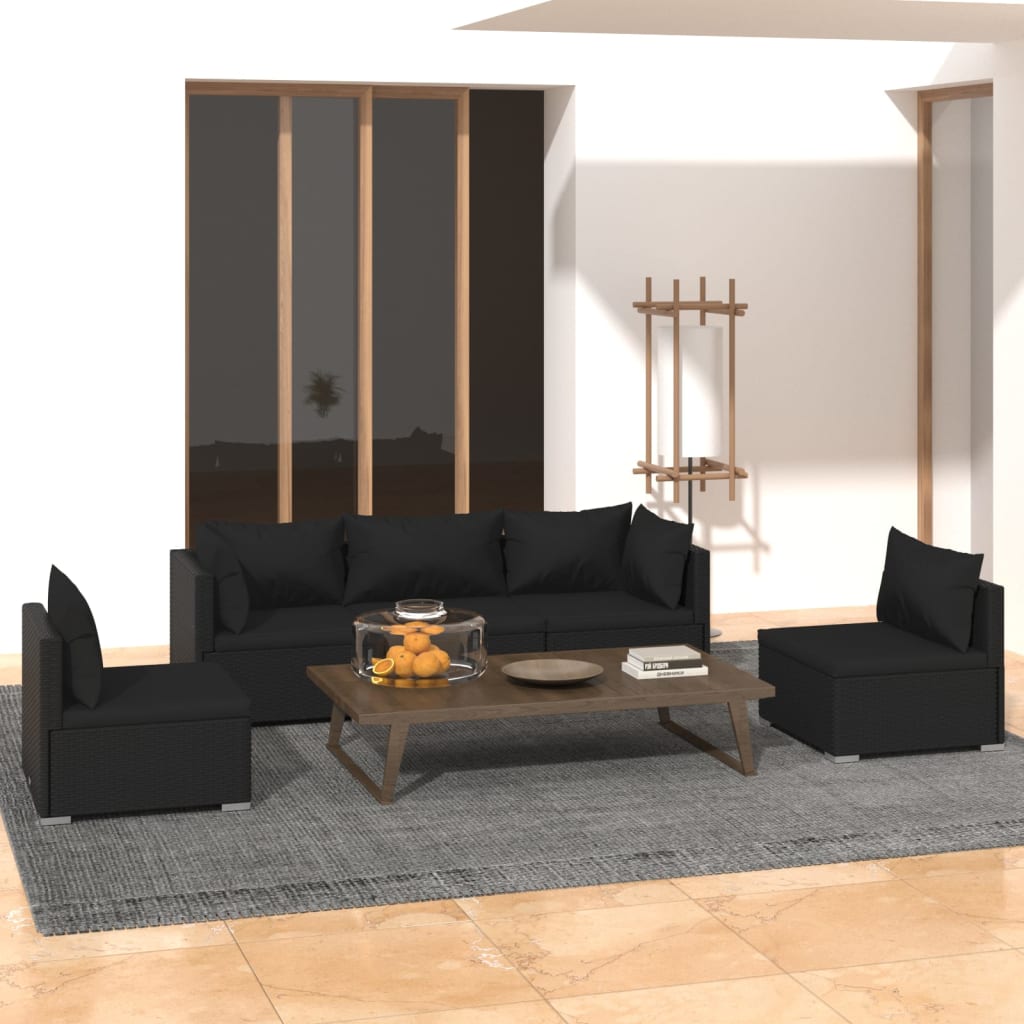 5-tlg. Garten-Lounge-Set mit Kissen Poly Rattan Schwarz
