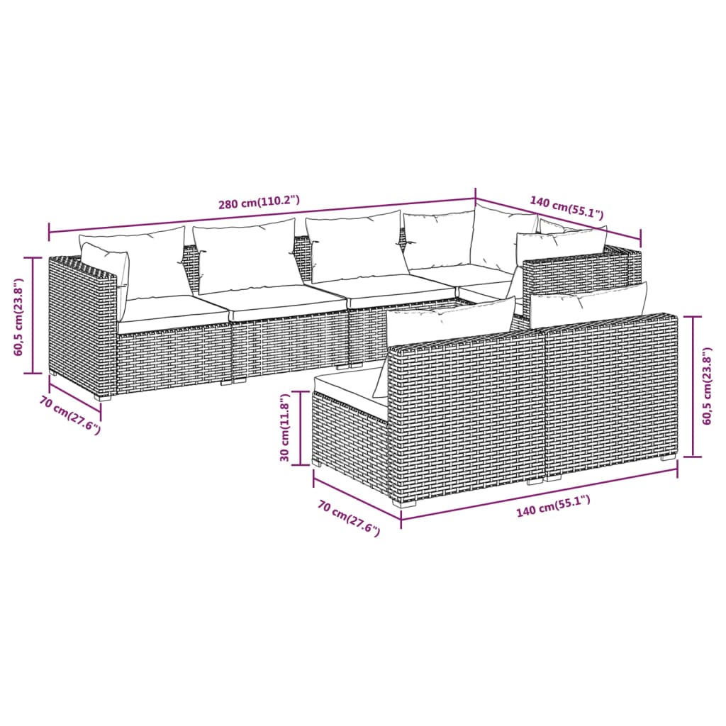 7-tlg. Garten-Lounge-Set mit Kissen Schwarz Poly Rattan