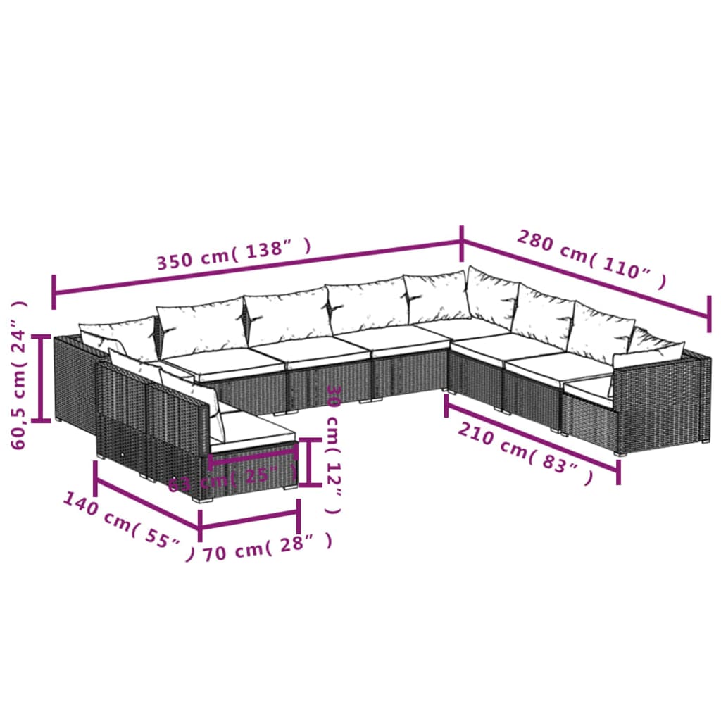 10-tlg. Garten-Lounge-Set mit Kissen Schwarz Poly Rattan