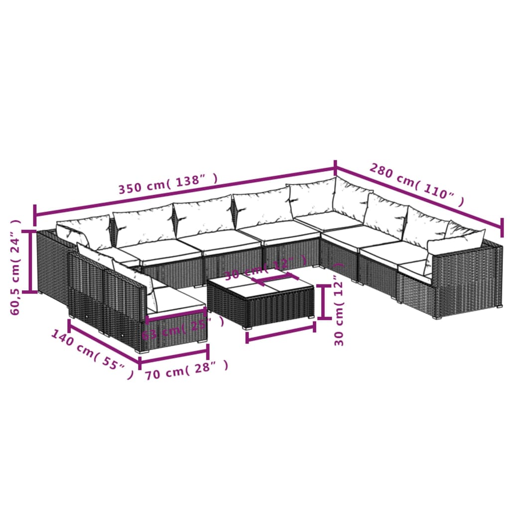 11-tlg. Garten-Lounge-Set mit Kissen Braun Poly Rattan