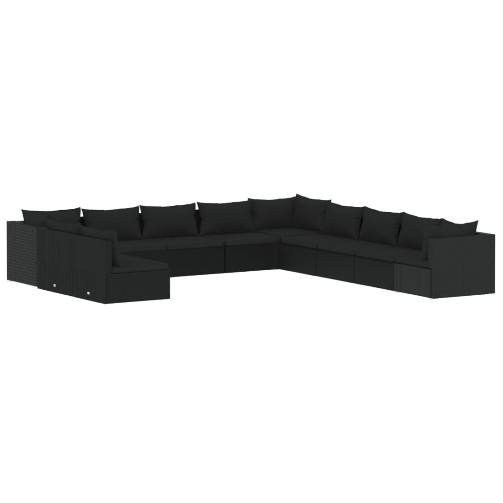 11-tlg. Garten-Lounge-Set mit Kissen Schwarz Poly Rattan