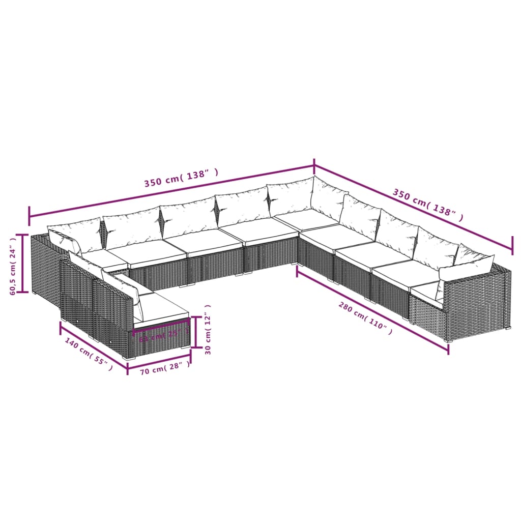 11-tlg. Garten-Lounge-Set mit Kissen Schwarz Poly Rattan