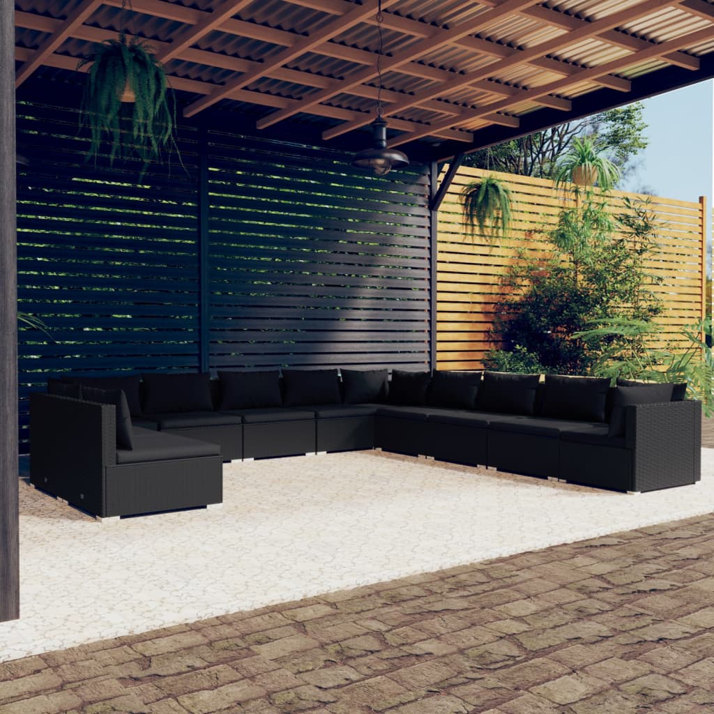 11-tlg. Garten-Lounge-Set mit Kissen Schwarz Poly Rattan