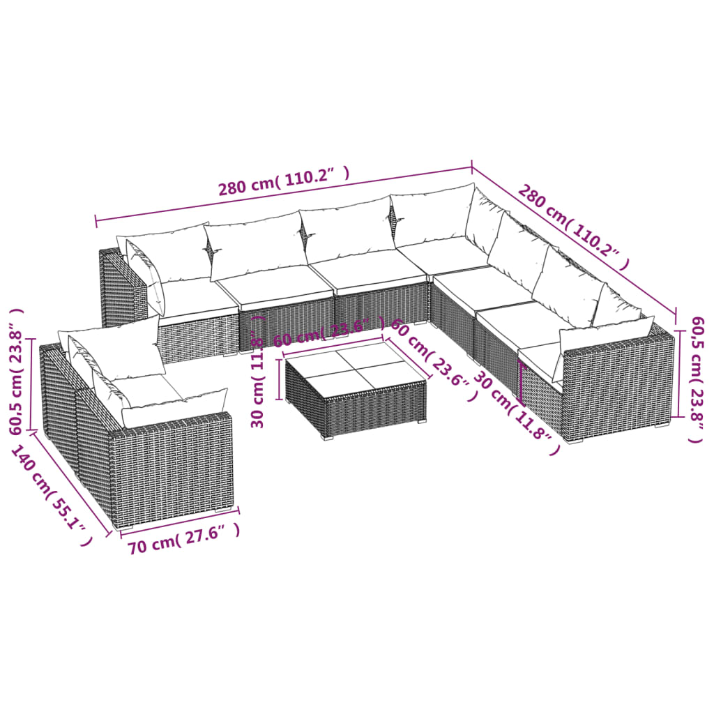 10-tlg. Garten-Lounge-Set mit Kissen Schwarz Poly Rattan
