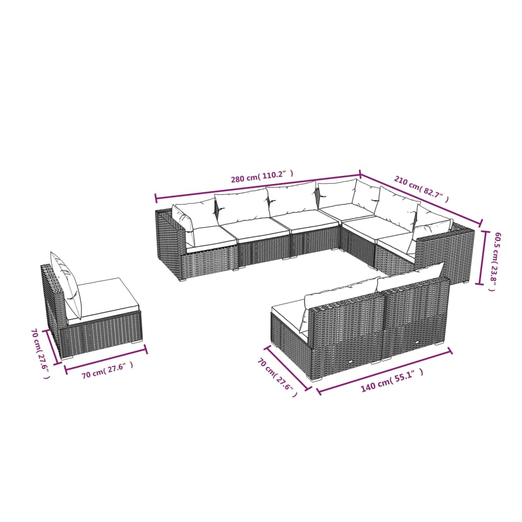 9-tlg. Garten-Lounge-Set mit Kissen Poly Rattan Schwarz