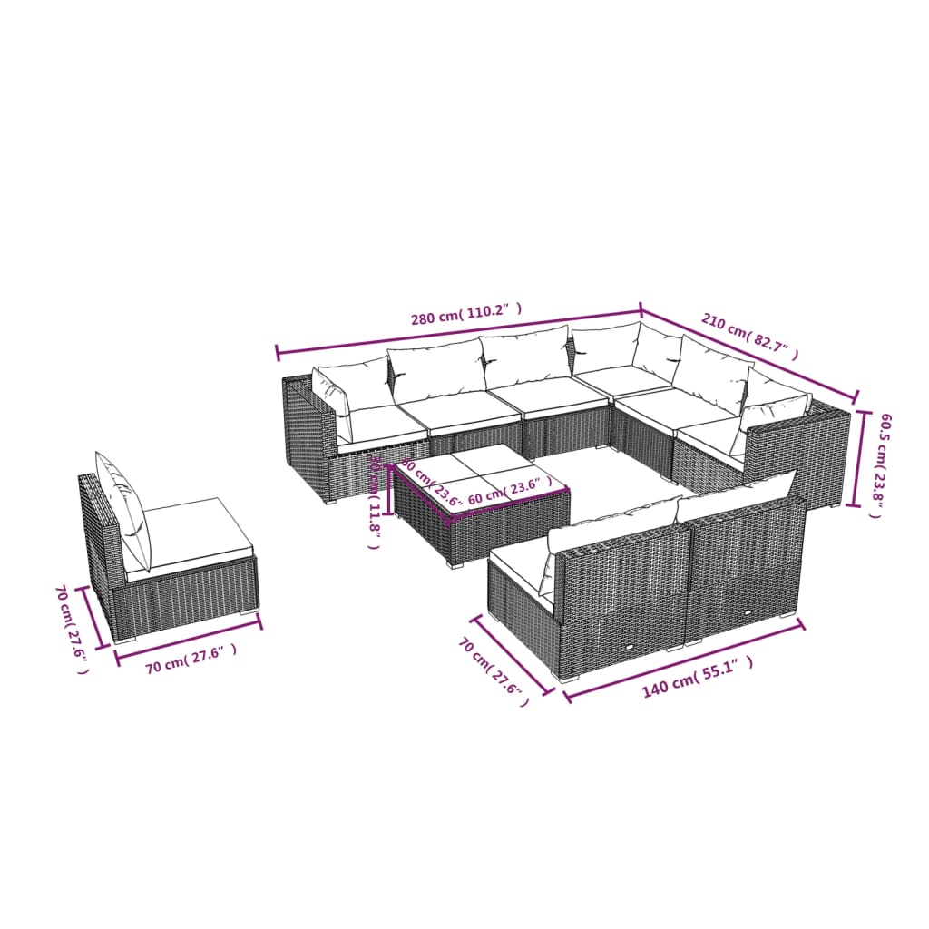 10-tlg. Garten-Lounge-Set mit Kissen Poly Rattan Schwarz